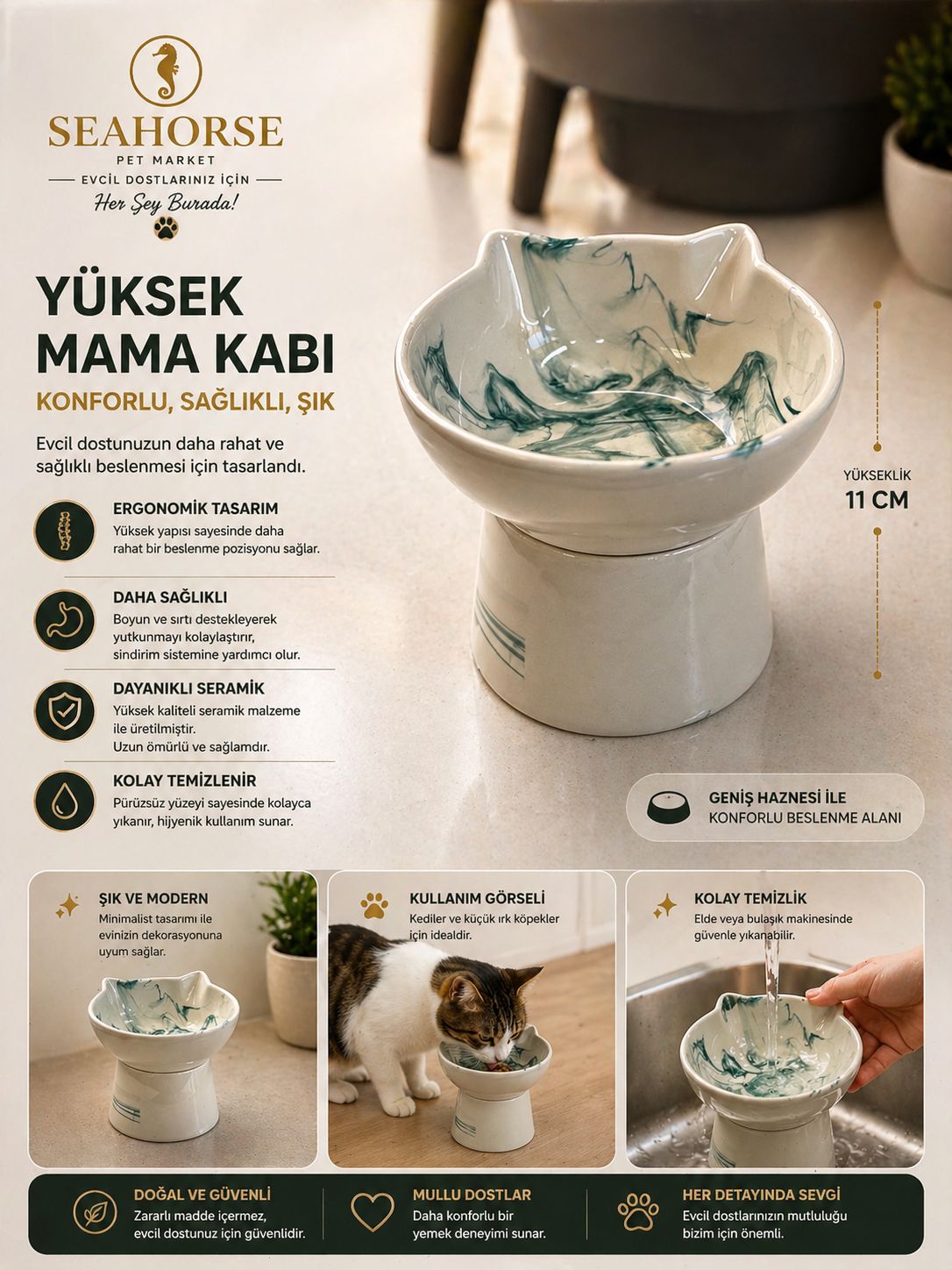 Seahorse Seramik Yüksek Mama Kabı – Ergonomik Kedi & Küçük Irk Köpek Mama Kabı (11 CM)