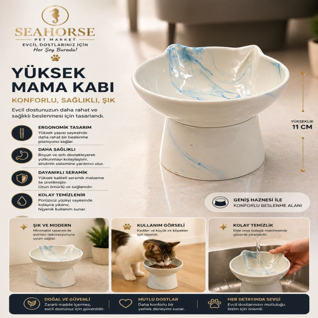 Seahorse Seramik Yüksek Mama Kabı – Ergonomik Kedi & Küçük Irk Köpek Mama Kabı (11 CM)