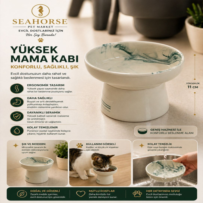 Seahorse Seramik Yüksek Mama Kabı – Ergonomik Kedi & Küçük Irk Köpek Mama Kabı (11 CM)